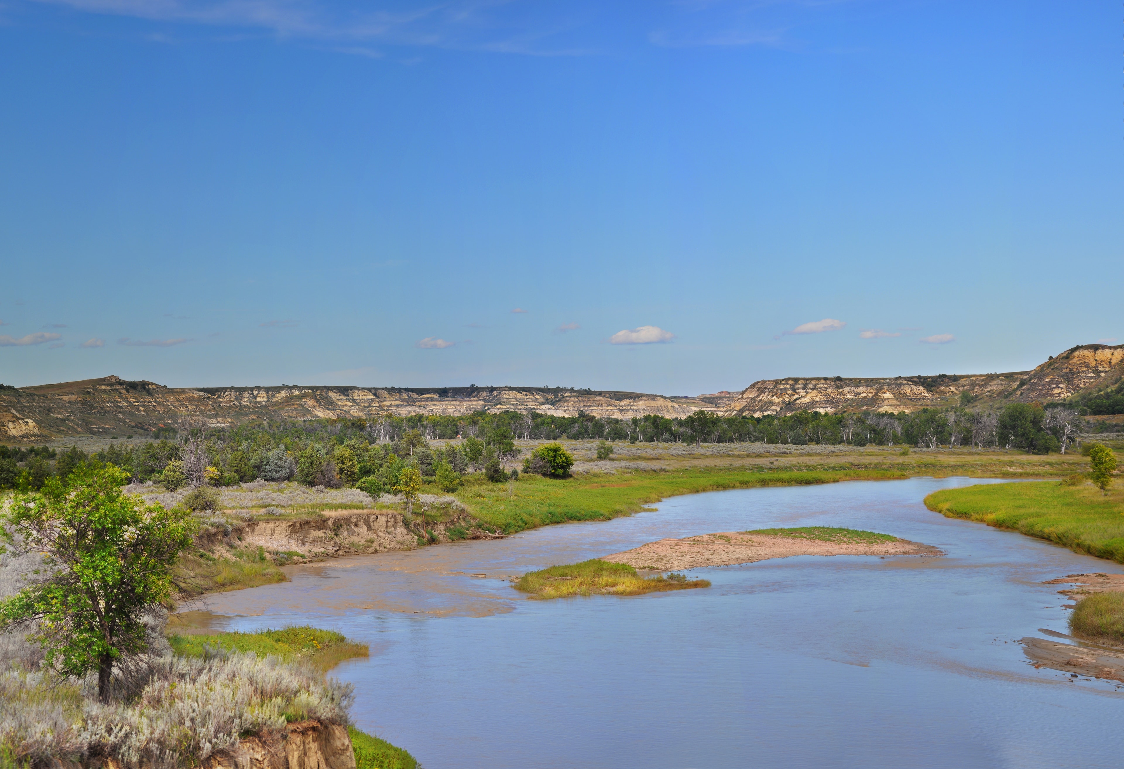 the Little Missouri River under blue skies